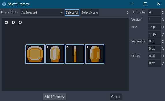 Exemplo de como selecionar os frames de uma imagem para animá-los